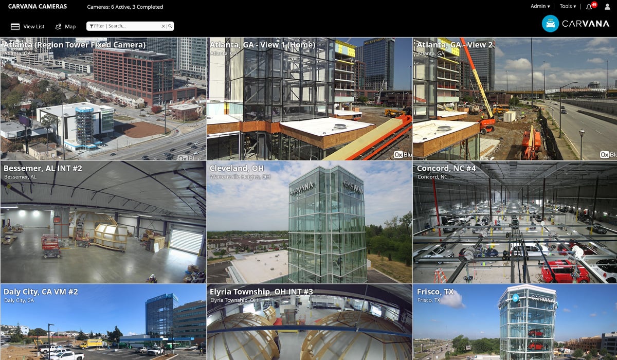 Carvana uses the multicamera dashboard to monitor projects nationwide
